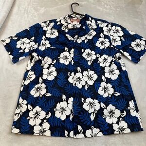 RJC Mens Hawaiian Shirt XL Blue White Hibiscus Floral Cotton Made in Hawaii 107